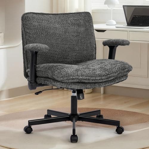 Kassipo Criss Cross Legged Office Chair with Wheels and Flip-Up Arms, Upholstered Criss Cross Desk Chair, Wide Seat Chairs for Home Office, Vanity, Apartment, Grey