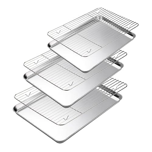 Amrules Baking Sheet with Cooling Rack Set of 6, 3 Premium Stainless Steel Cookie Sheets and 3 Wire Racks, Kitchen Nonstick Baking Pans Set Includes 3 Different Sizes, Heavy Duty Non Toxic