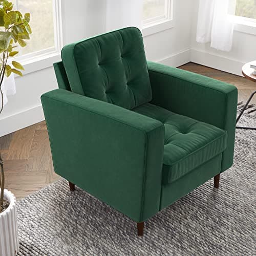 Edenbrook Lynnwood Upholstered Accent Chair - Living Room Furniture - Office - Bedroom - Mid-Century Modern Design - Armchair - Buttonless Tufting - Simple Assembly - Solid Frame - Green Velvet