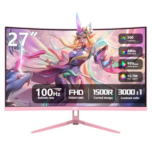 DJiEX 27 inch Curved Pink Gaming Monitor 100Hz,QHD(1920 ×1080),1ms,1500R,VA Screen,FreeSync,Low Blue Light, Flicker Free,Eye-Care, DP, HDMI Port for Gaming Home Office,Supports Wall Mount (75 * 75mm)