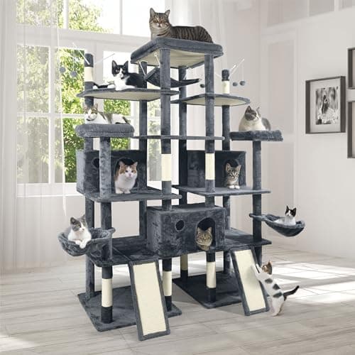 BOWHAUS Extra Large 80-Inch Tall Cat Tree w/Widened Perch for Large Cats, Big Cat Tower Indoor, Modern Multi-Level Activity Tower with Scratching Posts, Condos, Baskets, Hammock, Scratching Ramps
