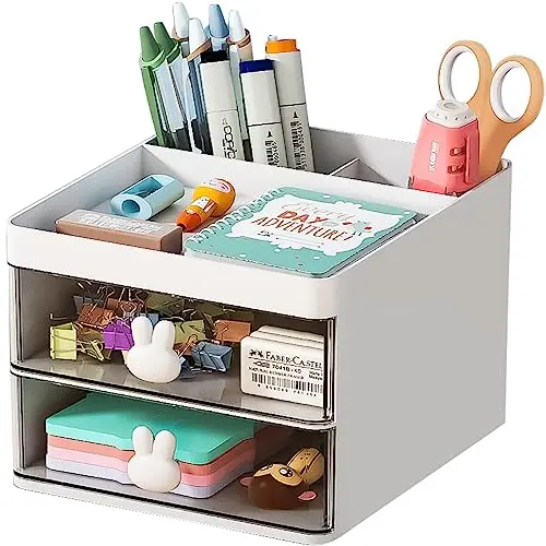 Marbrasse Small Desk Organizer with Drawer, Multi-Functional Pen Pencil Holder Storage Box, Desk Organizers and Accessories with 3 Compartments + 2 Drawer for Office Art Supplies(White)