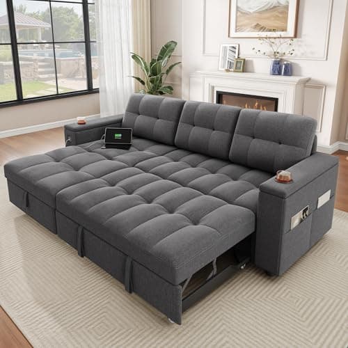 YITAHOME Sleeper Sofa, L-Shaped Sofa Bed with Storage Chaise & USB, 4-Seat Fabric Convertible Couch with Pull Out Bed, 2-in-1 Pull Out Couch for Living Room, Dark Gray