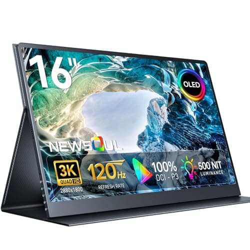 OLED Portable Monitor 16", 3K 2880x1800 120Hz 0.1ms Portable Gaming Display,500 Nits Brightness| 100000:1 Contrast| 100% DCI-P3| 8-Bit+FRC| Ultra-Slim Travel Monitor for Laptop PC Phone Game Consoles