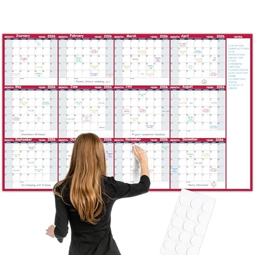 Large Dry Erase Calendar for Wall – Yearly Wall Calendar Dry Erase, 58" x 37", 12-Month Undated Blank Calendar Planner, Reusable Laminated Wall Calendar, 15 Round Stickers, Perfect for Home, Office and School - Blue With Red
