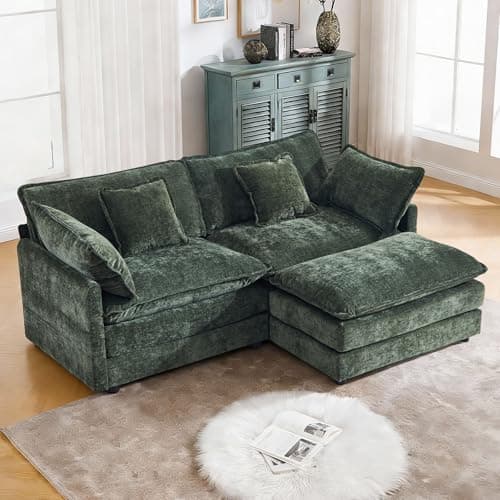 GNIXUU 76.7" Green L Shaped Cloud Couch, Modern Chenille Modular 2 Seater Loveseat Sofa with Movable Ottoman, Deep Seat Sectional Couch with Pillows for Small Place, Living Room Apartment Office