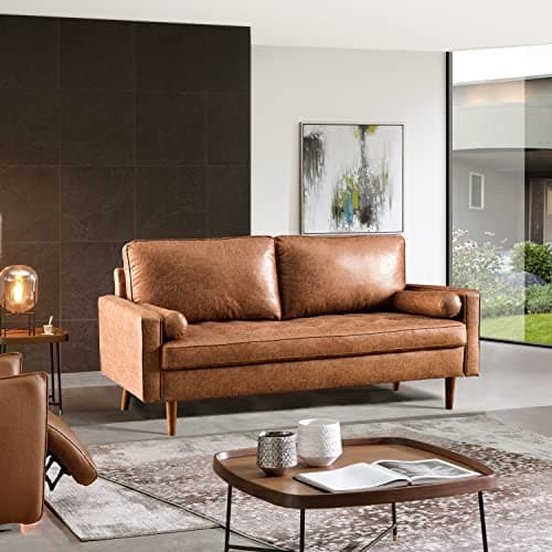 ovios 70" Loveseat Sofa Couch, 2-Seater Comfy Suede Faux Leather Sofas Couches, Mid-Century Modern Neutral Deep Seat Tufted Love Seat for Living Room, Brown