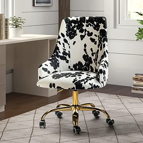 TINA'S HOME Upholstered Desk Chair Modern Armless Office Chair with Wheels, Adjustable Swivel Fabric Task Chair for Living Room, Bedroom, Vanity Room(Gold Base, Black)