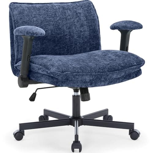 FanciSpot Cross Legged Office Chair with Wheels and Adjustable Flip-Arms, Criss Cross Desk Chair with Thick Cushion, Wide Seat Chair for Home Office, Apartment, Bedroom, Navy Blue