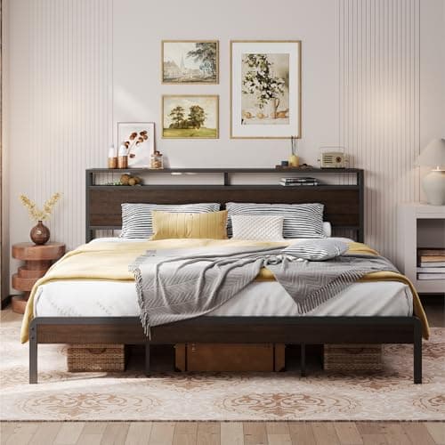 LIKIMIO California King Bed Frame with Headboard, Dark Wood Camas California King with Strong Supports, Sturdy, Noise-Free, No Box Spring Needed, Dark Brown