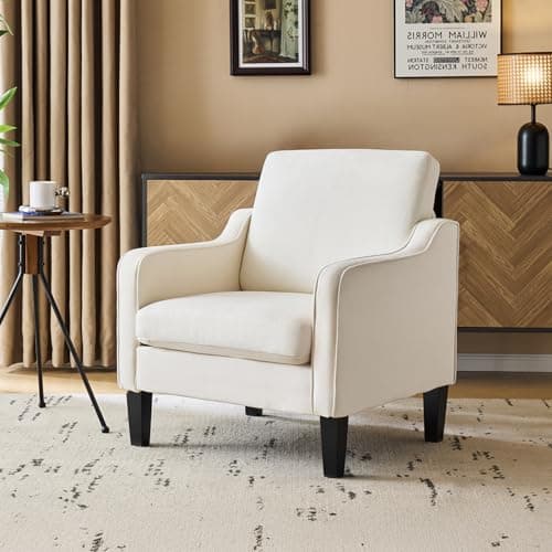 VINGLI Mid Century Modern Accent Chair, Beige Fabric Accent Chairs for Living Room Upholstered Armchair Sofa with Scooped Arms for Bedroom, Apartment, Studio, Office, Waiting Room