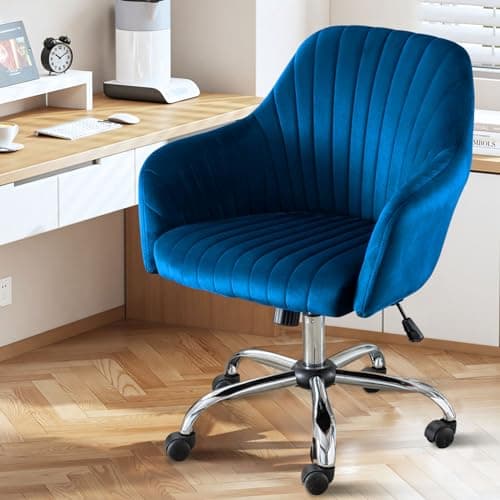 Anwickhomk Cute Home Office Desk Chair,Velvet Swivel Vanity Chair,Modern Upholstered Rolling Desk Chair with Wheels and Height Adjustable for Makeup Room, Study,Bedroom,Office (Blue)