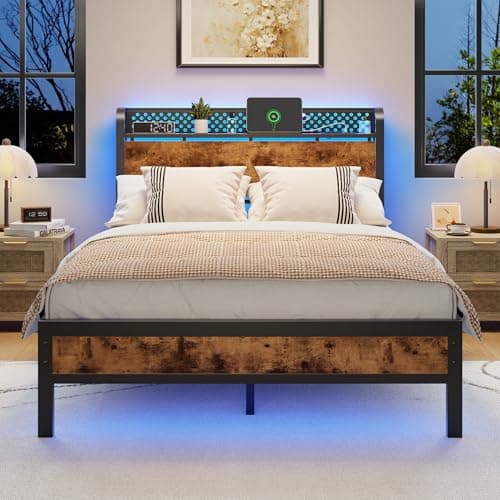 Furnulem Full Size Bed Frame with Storage Headboard, Industrial Platform Bed with Charging Station and LED Lights, Heavy Duty Metal Slats, No Box Spring Need, Noise Free