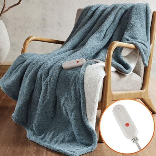 Sharper Image Heated Blanket, Eletric Throw Blanket, Soft, Warm, Reversible Feathersoft - Sherpa Heating Blanket Throw, 5 Lv Heating, 3 hr Auto Shut Off, ETL-Cert, Machine Washable, 50x60 Blue