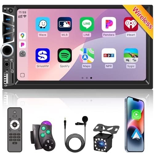 Wireless Apple Carplay 7 inch Double Din Car Stereo,IPS Touchscreen,Bluetooth 5.2,FM Car Radio,Bakcup Camera,Subwoofer Ports, Audio Receiver,Android Auto,Type-C/USB Fast Charging,GPS Navigation
