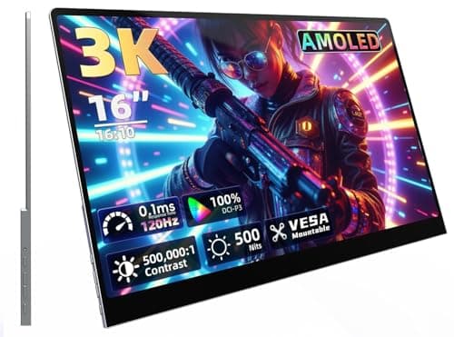 OLED Portable Monitor with Speakers, 16'' 3K 2880x1800 120Hz 0.1ms Response, 500000:1 Contrast 500 Nits HDR, VESA Kickstand, USB-C/HDMI Display for Laptop Mac mini PC MacBook Xbox PS5 Phone Switch