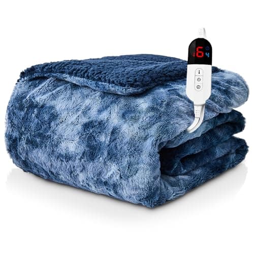 Easthome Electric Heated Throw Blanket - Faux Fur Sherpa 50"x60" Fast Heating Bed Blankets Throw with 6 Heating Levels & 4 Hours Auto Off, Over-Heat Protection ETL, Navy Blue