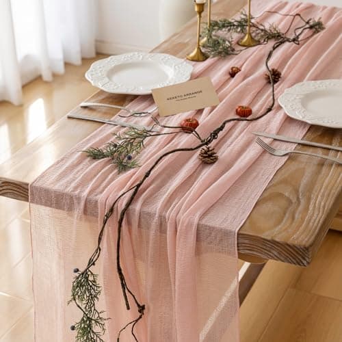 Keketoarrange Pink Cheesecloth Table Runner Easter Spring Boho Rustic Gauze Dusty Pink Farmhouse 120 inch 10FT Cheese Cloth Runner for Wedding Party Baby Shower Birthday Home Decor Holiday Decorations