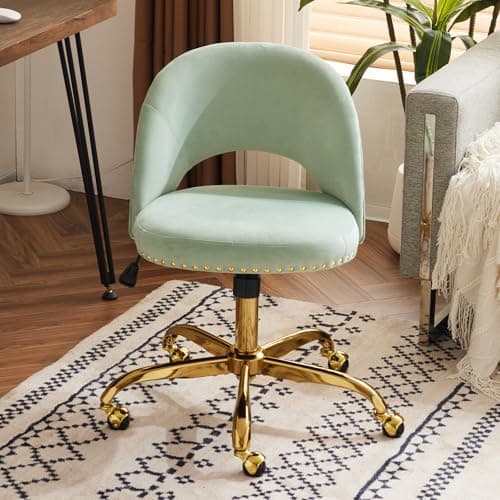 VINGLI Modern Velvet Small Office Chair,Cute Desk Chair with Wheels,Gold Base/Studs, Comfy Armless Swivel Vanity Task Chair for Women/Girl/Kids, Nail Tech Chair for Bedroom,Small Space,Mint Green