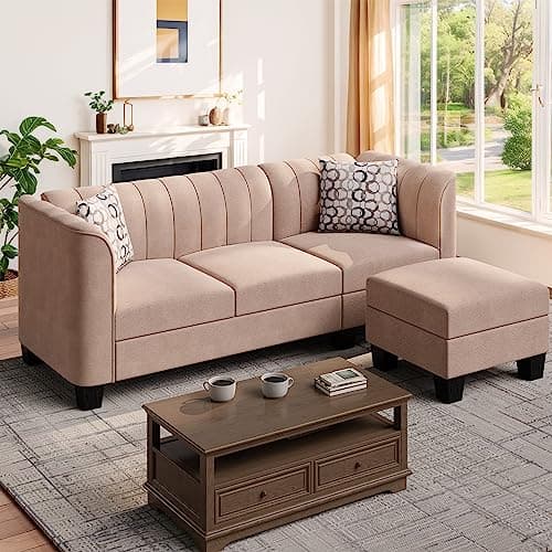 Shintenchi Upgraded Convertible Sectional Sofa Couch, 3 Seat L Shaped Sofa with High Armrest Linen Fabric Small Couch Mid Century for Living Room, Apartment and Office (Beige)