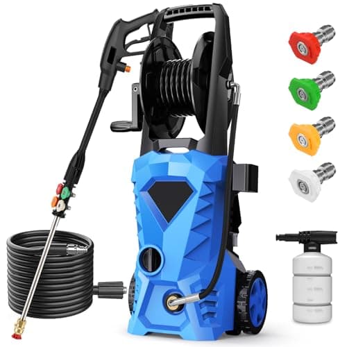 commowner 5000PSI Electric Pressure Washer - 2025 New Power Washer with Upgraded 33ft Pressure Washer Hose Reel, Foam Cannon, 4 Nozzle Set, Power Washer for House/Patios/Car/Fence, Blue