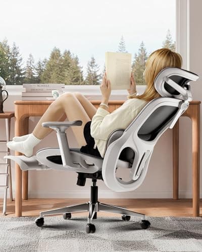 Hbada P2 Ergonomic Office Chair, Office Chair with 3D Lumbar Support, Mesh Chairs with 3D 360° Rotation Arms & 3D Headrest, 135° Stepless Tilt Function, White(with Footrest)