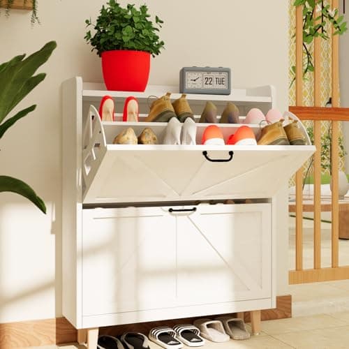 JOKOLO Shoe Cabinet Storage,Farmhouse Freestanding Organizer with 2 Flip Drawers and 4 Wooden feet,Narrow Shoe Rack Cabinet for Entryway,White