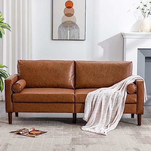 DIFY 77” Mid-Century Modern Loveseat Couch, Leather Faux Sofa with Two Upholstered Cushions, Comfortable Couch with Wooden Frame and 3 Seater, for Living Room, Bedroom, Office(Brown)
