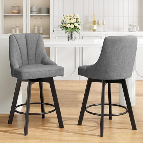 YaFiti Swivel Bar Stools with Backs, 24" Counter Height Bar Stools Set of 2, Fabric Upholstered Counter Barstools with Solid Wood Legs for Kitchen Island, Home Bar, Dark Gray