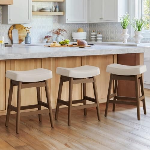 Cozyman Bar Stools Set of 3, Barstools with Sturdy Wood Legs, Saddle Seat Counter Height Bar Stools for Kitchen Counter, Bar, Dining, 24 Inch Farmhouse Counter Stools, Antique White Leather
