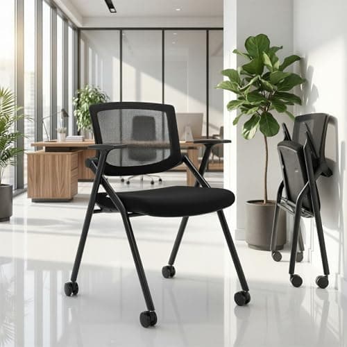 BROBRIYO 2 Pack Stackable Conference Room Chairs with Wheels and Paddle, Ergonomic Mesh Back and Arms for Meeting, Conference, Reception, Training Room & Home Office Desk Folding Chairs