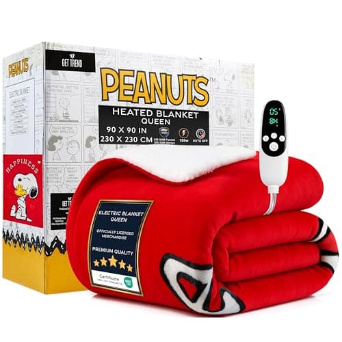 Get Trend Peanuts Snoopy Heated Blanket Electric, Queen Size Luxurious Fleece Blanket, 9 Heat Settings Auto Shut-Off, 90x90in, Gifts for Mom, Grandma, Grandpa (Red Snoopy, Queen US)