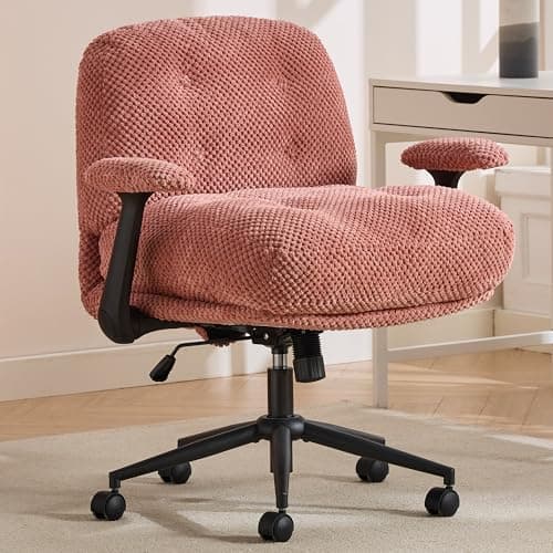 Criss Cross Chair with Flip-Up Armrests Wider & Thickened, Cross Legged Office Chair on Wheels Comfortable Adjustable Swivel, Ergonomic Desk Chair for Home Office, Vanity, Accent, Pink