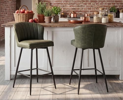 EALSON Counter Height Bar Stools Set of 2 Modern Bar Chairs with Back Leather Upholstered Barstools with Metal Footrest Comfortable Island Chairs for Kitchen Counter/Home Bar/Dining Room, Green