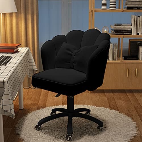 XUEGW Petal Desk Chair with Bow Cushion Velvet Vanity Chair with Wheels, Upholstered Home Office Chair for Girls Women, Mid-Back Swivel Computer Task Chairs for Living Room Bedroom