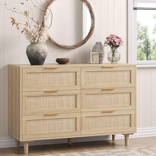 Angel Sar Rattan Dresser for Bedroom, 6 Drawer Wide Dresser, Boho&Farmhouse Chest of Drawers, 47" Clothes Storage Cabinet, Metal Handle&Wood Legs for Hallway, Living Room, Bedroom, Wood