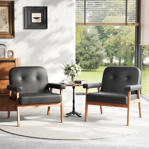 STHOUYN Mid Century Faux Leather Black Accent Chairs Set of 2 with Wood Arms, Comfy Reading Chair Small Spaces, Armchair Comfortable Chairs Living Room Bedroom Office, Easy Assembly (2, Black)