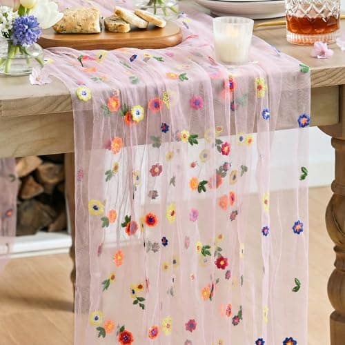 Artoid Mode Pink Embroidery Daisy Gauze Table Runner 120 Inch 10FT, Seasonal Sheer Kitchen Dining Holiday Wedding Birthday Table Decor for Home Party