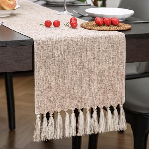 Aofmee Beige Table Runner 36 Inches Long, Burlap Linen Style Farmhouse Dining Room Decor for Everyday Use, Short Boho Coffee Table With Tassels for Living Room Dresser, Easy Care