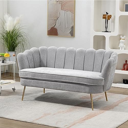 anwickjeff 59" Wide Modern Boucle Loveseat Small Sofa Small Mini Room Couch 2-Seater Sofa with Gold Metal Legs for Small Space Office Studio Apartment Bedroom (Light Gray)