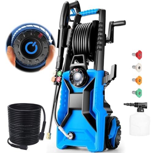 Electric Pressure Washer 5000 PSI 3.0 GPM Adjustable Pressure, Power Washers Electric Powered with 33ft Pressure Hose, 4 Nozzles and 500ml Foam Cannon, Powerwashers for Home, Car, Hose Reel Blue
