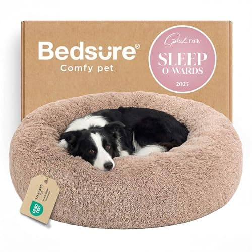 Bedsure Calming Dog Beds Large Sized Dog - Donut Washable Large Pet Bed, 36 inches Anti-Slip Round Fluffy Plush Faux Fur Dogs Bed, Fits up to 80 lbs Pets, Camel
