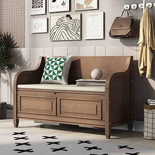 P PURLOVE 42 Inch Rustic Style Storage Bench with Safety Hinge,Solid Wood Entryway Multifunctional Storage Bench Shoe Bench with Removable Cushion for Living Room,Bedroom