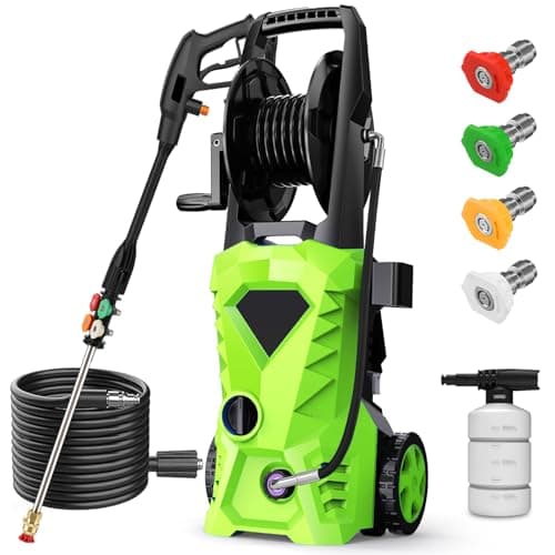 commowner 5000PSI Electric Pressure Washer - 2025 New Power Washer with Upgraded 33ft Pressure Washer Hose Reel, Foam Cannon, 4 Nozzle Set, Power Washer for House/Patios/Car/Fence, Green