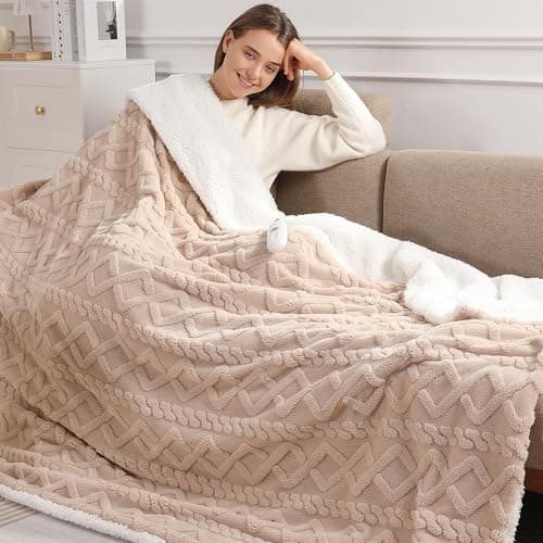 Electric Blanket Twin Heated Blanket 62''X84'' with 5 Heating Levels & 10 Hours Auto Off, ETL& FCC Certification Dual Sherpa Twin Heating Blanket Washable for Home/Office/Bed, Great Gift(Beige)