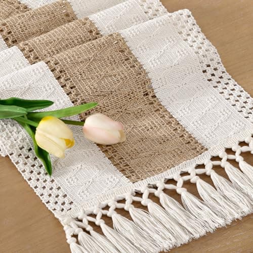 Socomi Boho Table Runner Easter Spring Farmhouse Rustic Dining Kitchen Centerpiece Decor Small Macrame Woven Cotton Linen Coffee Table Runner for Dresser Scarf Home Decor 12x48 inch