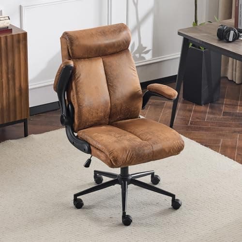 VINGLI Microfiber Brown Rolling Ergonomic Office Desk Chair with Padded Flip-up Arms, 360°Swivel High Back Executive Computer Chair with Wheels for Game,Home Small Space, Study Room, Reading Room