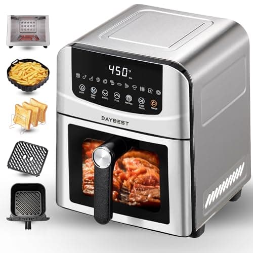 Stainless Steel Air Fryer Ceramic 12 in 1, Dual-Blazes in Steel Housing, 6QT 2-3 Servings Visible 8.27" Basket with Teflon-Free Premium Coating, 1700W, DAYBEST Dishwasher Safe Kits (Silver)