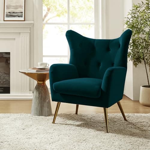 HULALA HOME Velvet Accent Chair, Modern Wingback Arm Chair with Metal Gold Legs, Velvet Tufted Upholstered for Living Room Bedroom(Teal)