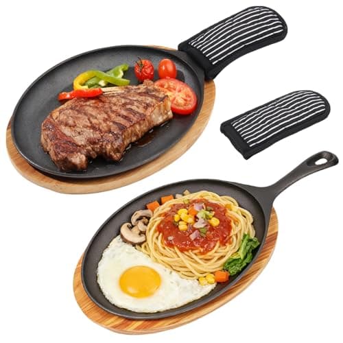 2 Sets Cast Iron Fajita Skillet Set Sizzling Plate with Wooden Base & Anti Scald Protection Hot Handle Cover, Cast Iron Skillets Set for Home Barbecue Kitchen Party Restaurant Catering Service